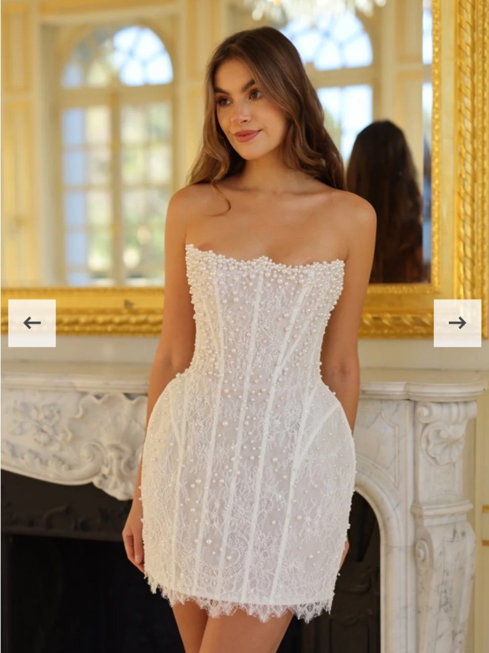 Strapless Pearl & Lace Mini Dress - White - Picture 3 of 6
